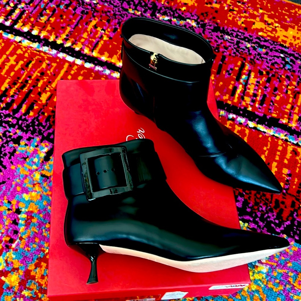 Pointy covered buckle bootie by Roger Vivier of Paris. Worn once.